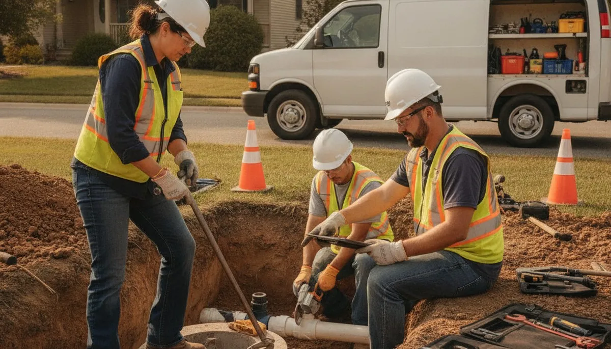 Septic repair technician servicing a Brandon, FL home septic system to fix backups and leaks